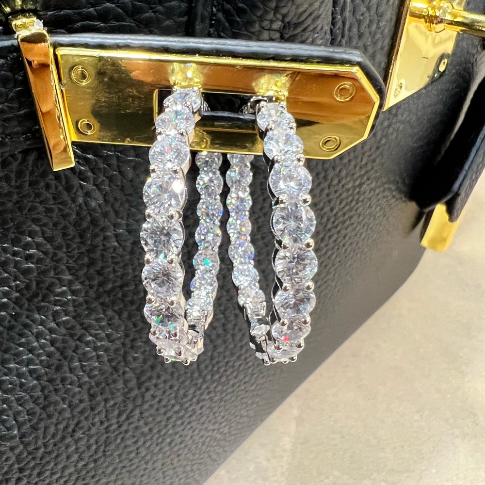 40mm Inside/Outside 925 SS Hoop Diamond Earrings High-Quality Cubic Zirconia